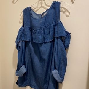 Chambray flounce cold shoulder blouse